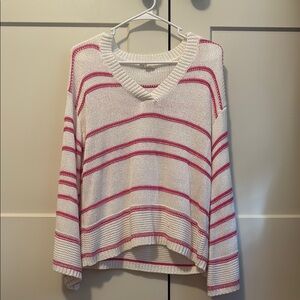 Striped Pink and White V-Neck Sweater